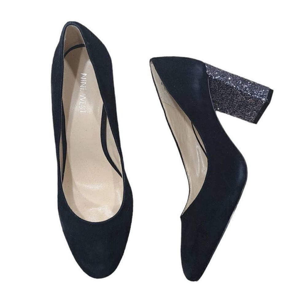 Nine West‎ Sparkle Heels Womens 9M US Black Faux Suede Glitter Chunky High Heels